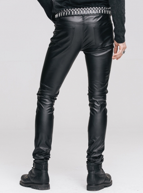 Punk Style Simple Slim Fit Rough Grain Faux Leather Black Stretch Leggings