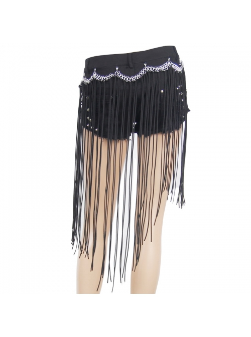 Punk Style Simple Elastic Twill Hole Black Tassel Chain Short Pants