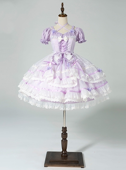 Limited Mood Series Spring Lilac Princess Ballet Elegant Sweet Dreamlike Organza Lace Classic Lolita Puff Sleeves Dress