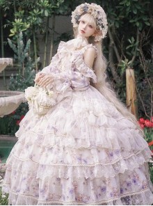 Rose Letter Series Gorgeous Sweet Off-Shoulder Blue Tie Dye Flowers Lace Mesh Yarn Princess Style Classic Lolita Dress