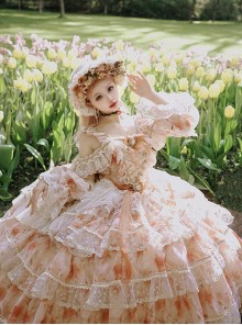 Rose Letter Series Gorgeous Sweet Off-Shoulder Sunset Orange Flowers Dreamy Organza Princess Style Classic Lolita Dress