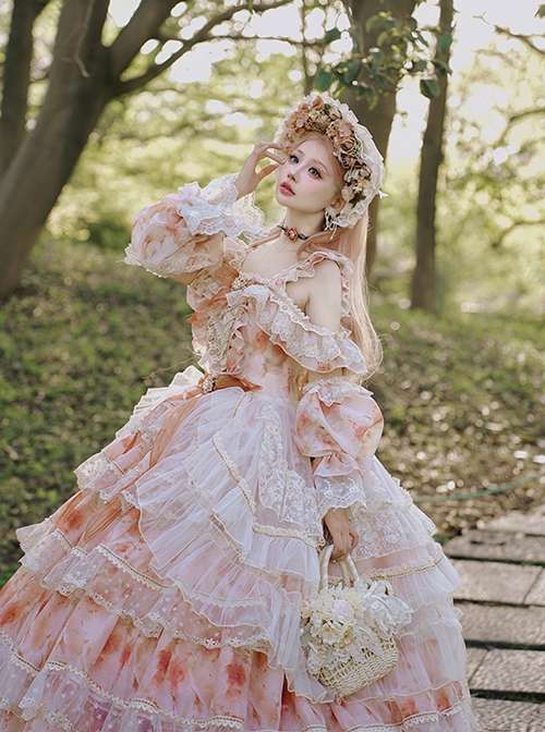 Rose Letter Series Gorgeous Sweet Off-Shoulder Sunset Orange Flowers Dreamy Organza Princess Style Classic Lolita Dress