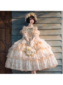 Rose Letter Series Dreamy Gorgeous Sweet Off-Shoulder Autumn Leaf Yellow Floral Chiffon Princess Style Classic Lolita Dress