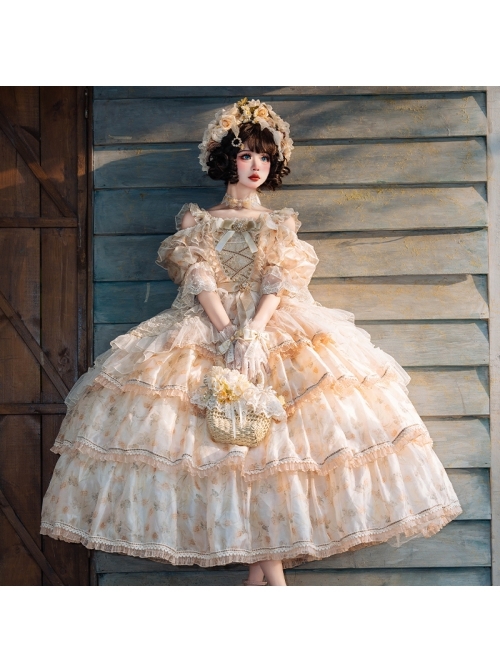 Rose Letter Series Dreamy Gorgeous Sweet Off-Shoulder Autumn Leaf Yellow Floral Chiffon Princess Style Classic Lolita Dress