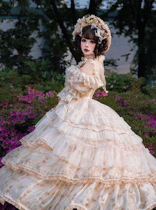 Rose Letter Series Dreamy Gorgeous Sweet Off-Shoulder Autumn Leaf Yellow Floral Chiffon Princess Style Classic Lolita Dress