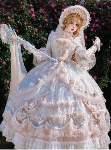 Rose Feast Series Palace Style Princess Gorgeous Flower Marriage Tea Party Dreamy Pink Blue Lace Chiffon Sweet Lolita Dress