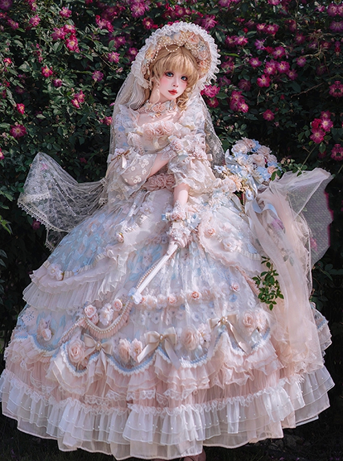 Rose Feast Series Palace Style Princess Gorgeous Flower Marriage Tea Party Dreamy Pink Blue Lace Chiffon Sweet Lolita Dress