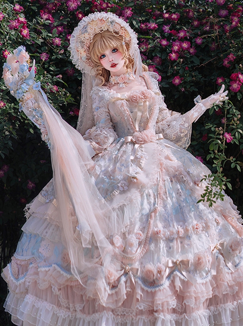 Rose Feast Series Palace Style Princess Gorgeous Flower Marriage Tea Party Dreamy Pink Blue Lace Chiffon Sweet Lolita Dress