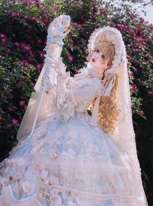 Rose Feast Series Palace Style Princess Gorgeous Flower Marriage Tea Party Dreamy Pink Blue Lace Chiffon Sweet Lolita Dress