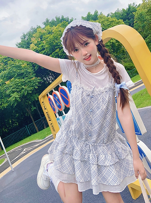 A Small Cloud Series Retro Low Waist Plaid Jacquard Lace Kawaii Fashion Halter Sleeveless Suspender Dress Shirt Pants Set