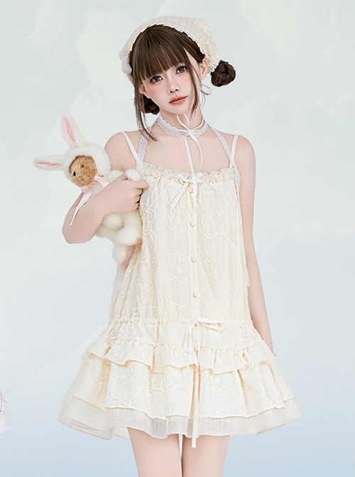 A Small Cloud Series Retro Low Waist Plaid Jacquard Lace Kawaii Fashion Halter Sleeveless Suspender Dress Shirt Pants Set