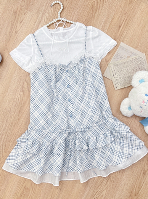 A Small Cloud Series Retro Low Waist Plaid Jacquard Lace Kawaii Fashion Halter Sleeveless Suspender Dress Shirt Pants Set