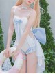 Aqua Melody Series Cute Light Blue Ribbon Bowknot Ruffles Seaside Vacation Kawaii Fashion Backless Swimsuit Yarn Tail Set