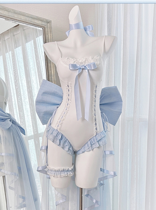 Aqua Melody Series Cute Light Blue Ribbon Bowknot Ruffles Seaside Vacation Kawaii Fashion Backless Swimsuit Yarn Tail Set