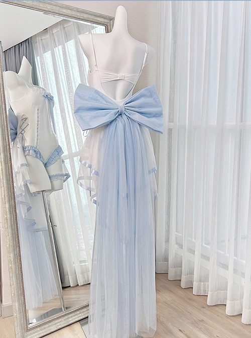 Aqua Melody Series Cute Light Blue Ribbon Bowknot Ruffles Seaside Vacation Kawaii Fashion Backless Swimsuit Yarn Tail Set