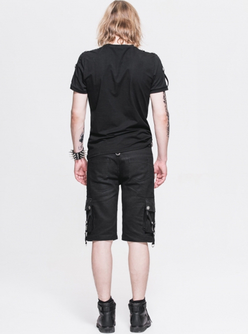 Punk Style Elastic Twill Splicing Viscose Front Center Zipper Eyelet Strap Buckle Decoration Black Wide Leg Pants