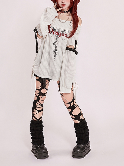 Dragon Skeleton Series Dark Subculture Embroidered Rivets Kawaii Fashion Long Sleeve Loose Shoulder Bare Knit Top Shirt