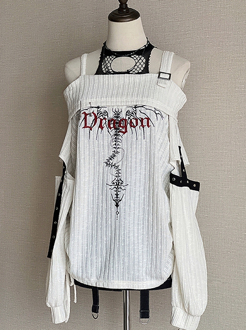 Dragon Skeleton Series Dark Subculture Embroidered Rivets Kawaii Fashion Long Sleeve Loose Shoulder Bare Knit Top Shirt