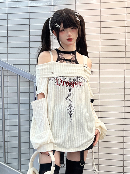 Dragon Skeleton Series Dark Subculture Embroidered Rivets Kawaii Fashion Long Sleeve Loose Shoulder Bare Knit Top Shirt