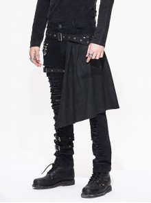 Punk Style Personality Twill Woven Hole Hollow Fabric With Detachable Belt Metal Eyelet Buckle Black Slim Trousers