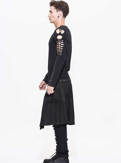 Punk Style Personality Twill Woven Hole Hollow Fabric With Detachable Belt Metal Eyelet Buckle Black Slim Trousers