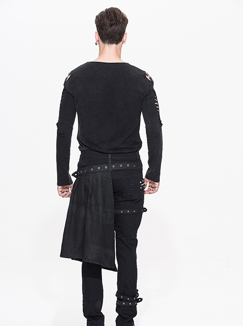 Punk Style Personality Twill Woven Hole Hollow Fabric With Detachable Belt Metal Eyelet Buckle Black Slim Trousers