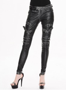 Punk Style Wild Washed Leather Fabric Front Center Cross Leather Ring With Metal Zipper Decorated Black Pants