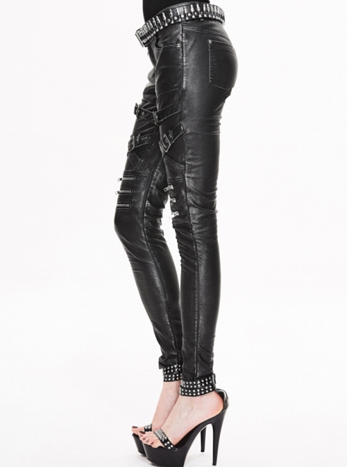 Punk Style Wild Washed Leather Fabric Front Center Cross Leather Ring With Metal Zipper Decorated Black Pants