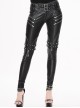 Punk Style Distressed Leather Fabric Front Center Zipper Leg Waist Double Breasted Metal Belt Decoration Black Slim Fit Pants