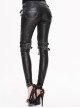 Punk Style Distressed Leather Fabric Front Center Zipper Leg Waist Double Breasted Metal Belt Decoration Black Slim Fit Pants