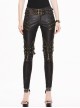 Punk Style Distressed Leather Fabric Front Center Zipper Leg Waist Double Breasted Metal Belt Decoration Brown Slim Fit Pants