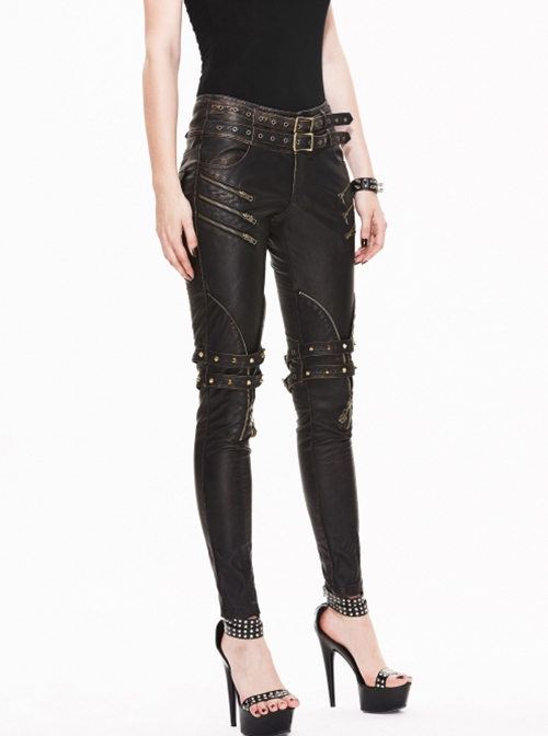 Punk Style Distressed Leather Fabric Front Center Zipper Leg Waist Double Breasted Metal Belt Decoration Brown Slim Fit Pants