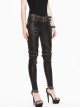 Punk Style Distressed Leather Fabric Front Center Zipper Leg Waist Double Breasted Metal Belt Decoration Brown Slim Fit Pants