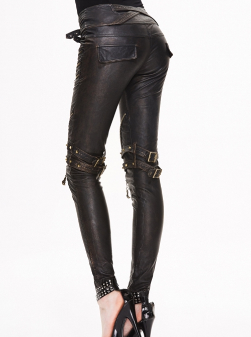 Punk Style Distressed Leather Fabric Front Center Zipper Leg Waist Double Breasted Metal Belt Decoration Brown Slim Fit Pants