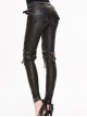 Punk Style Distressed Leather Fabric Front Center Zipper Leg Waist Double Breasted Metal Belt Decoration Brown Slim Fit Pants