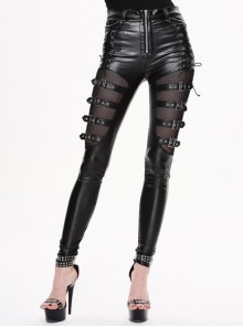 Punk Style Shiny PU Leather Fabric Front Mid-Thigh Mesh Adjustable Leather Ring Black Light Leather Pants