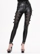 Punk Style Shiny PU Leather Fabric Front Mid-Thigh Mesh Adjustable Leather Ring Black Light Leather Pants