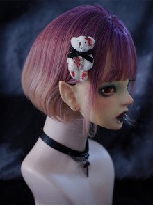 Handmade Dark Subculture Bloody Plush Bear Pin Ribbon Bowknot Tie Gothic Lolita Hairpin Side Clip