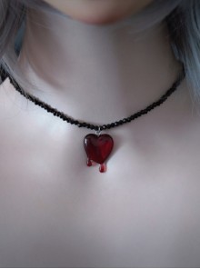 Dark Subculture Handmade Red Heart In Bleeding Pendant Beads Chain Gothic Lolita Necklace