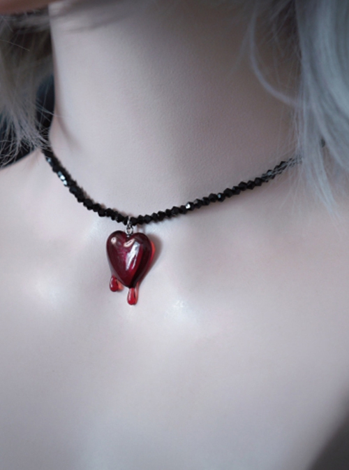 Dark Subculture Handmade Red Heart In Bleeding Pendant Beads Chain Gothic Lolita Necklace