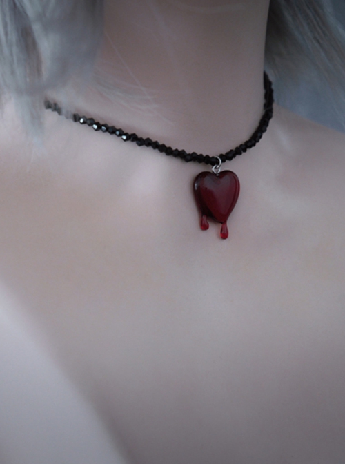 Dark Subculture Handmade Red Heart In Bleeding Pendant Beads Chain Gothic Lolita Necklace