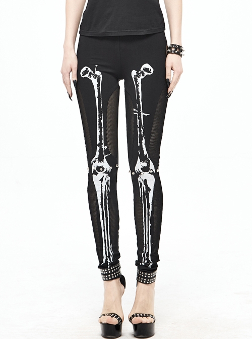 Punk Style Stretch Knit Fabric Skull Print On The Front Black Breathable Daily Leggings