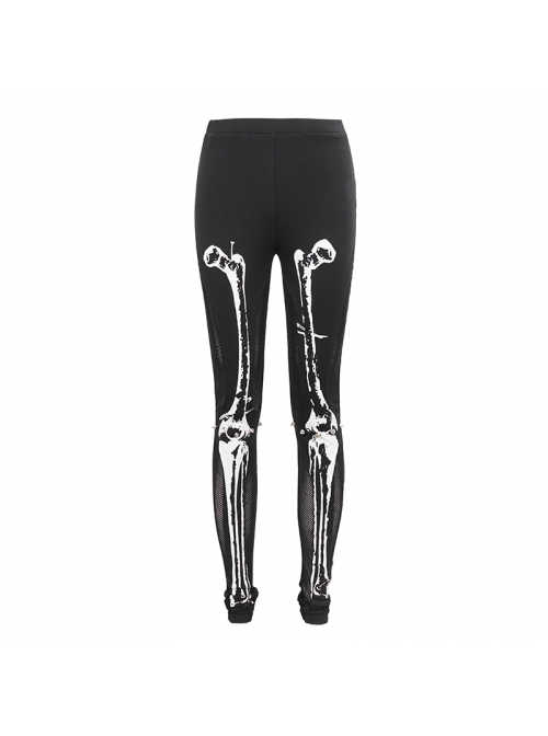 Punk Style Stretch Knit Fabric Skull Print On The Front Black Breathable Daily Leggings