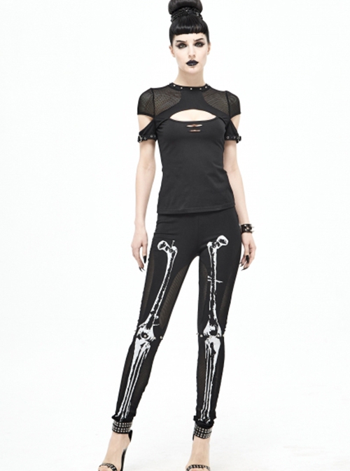 Punk Style Stretch Knit Fabric Skull Print On The Front Black Breathable Daily Leggings