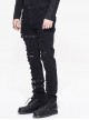 Punk Style Elastic Twill Asymmetric Hole Front Center Eyelet Buckle Decoration Black Daily Pants