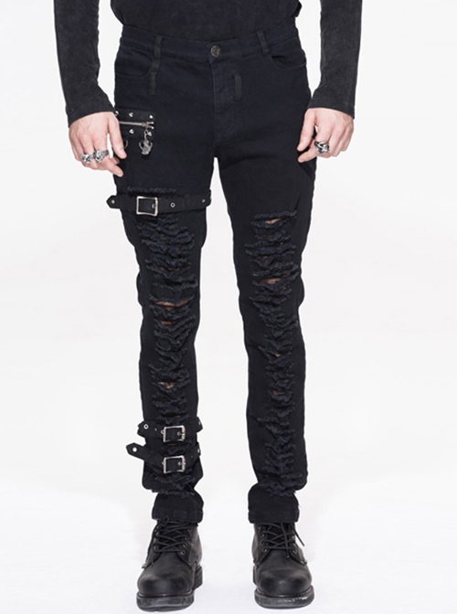 Punk Style Elastic Twill Asymmetric Hole Front Center Eyelet Buckle Decoration Black Daily Pants