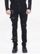 Punk Style Elastic Twill Asymmetric Hole Front Center Eyelet Buckle Decoration Black Daily Pants