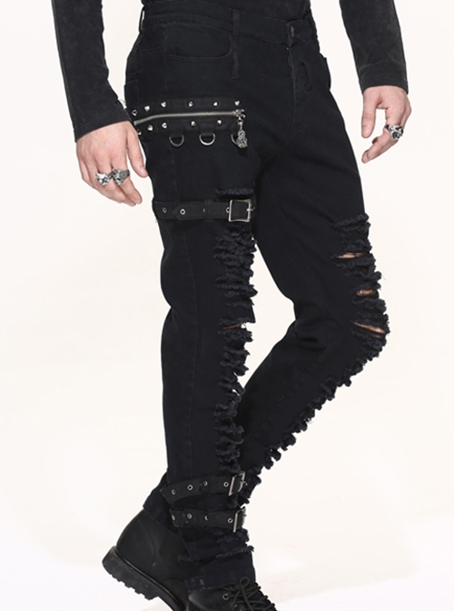 Punk Style Elastic Twill Asymmetric Hole Front Center Eyelet Buckle Decoration Black Daily Pants