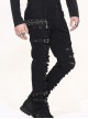 Punk Style Elastic Twill Asymmetric Hole Front Center Eyelet Buckle Decoration Black Daily Pants