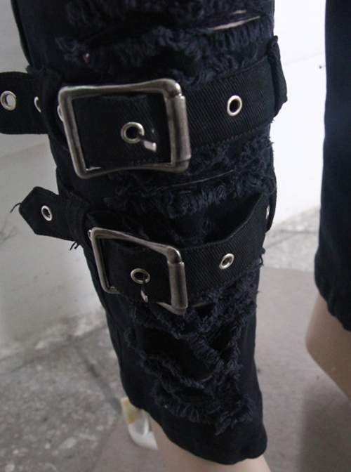 Punk Style Elastic Twill Asymmetric Hole Front Center Eyelet Buckle Decoration Black Daily Pants